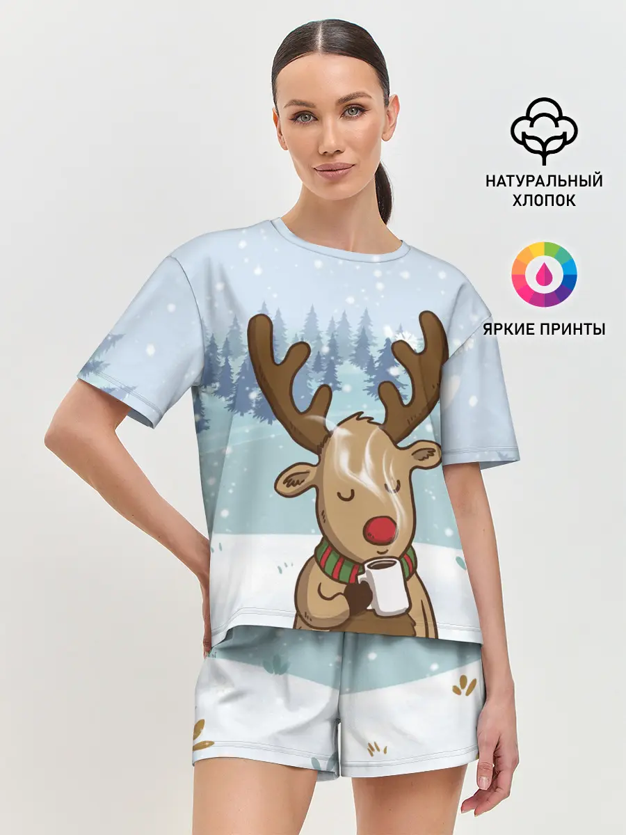 Женская пижама с шортами / Олень с кружкой
