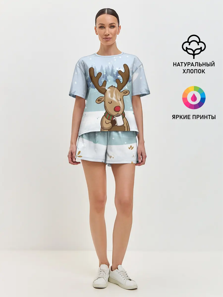 Женская пижама с шортами / Олень с кружкой