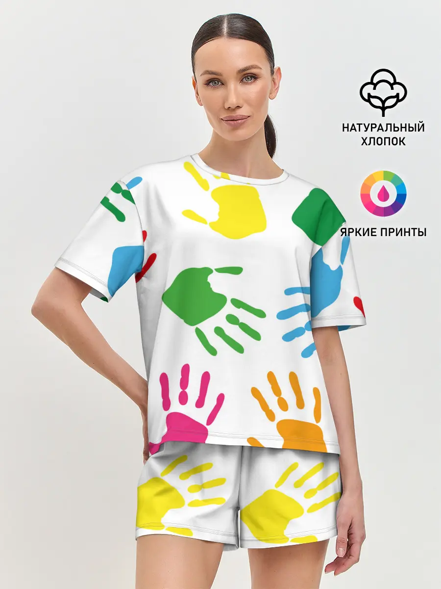 Женская пижама с шортами / Цветные ладошки - Детский узор
