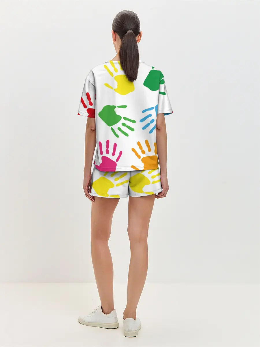 Женская пижама с шортами / Цветные ладошки - Детский узор