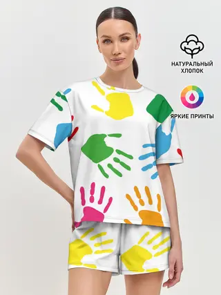 Женская пижама с шортами / Цветные ладошки - Детский узор