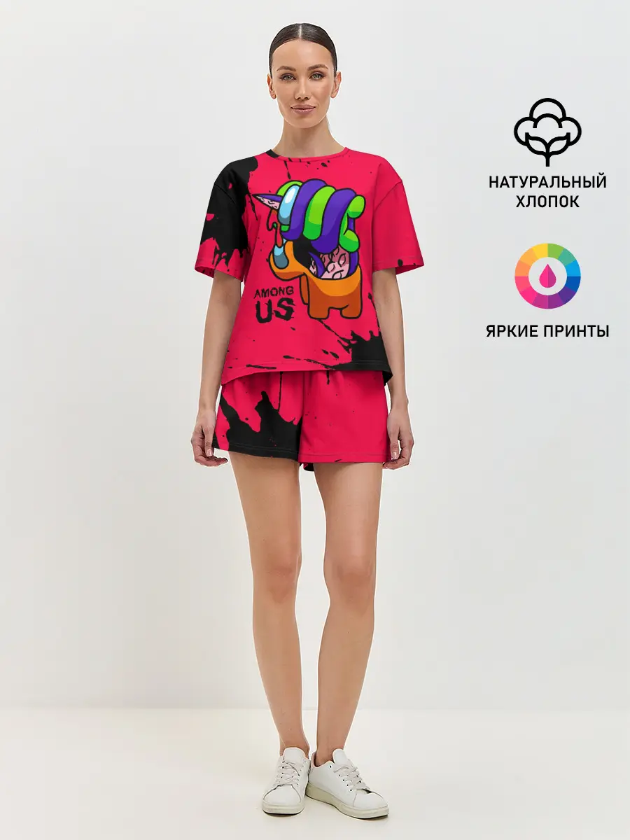 Женская пижама с шортами / AMONG US - ORANGE & GREEN