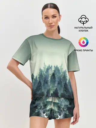 Женская пижама с шортами / акварельный лес градиент