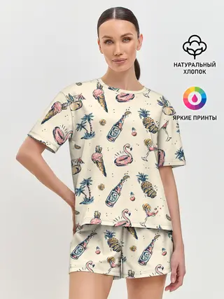 Женская пижама с шортами / Винтажный Гавайский Рисунок