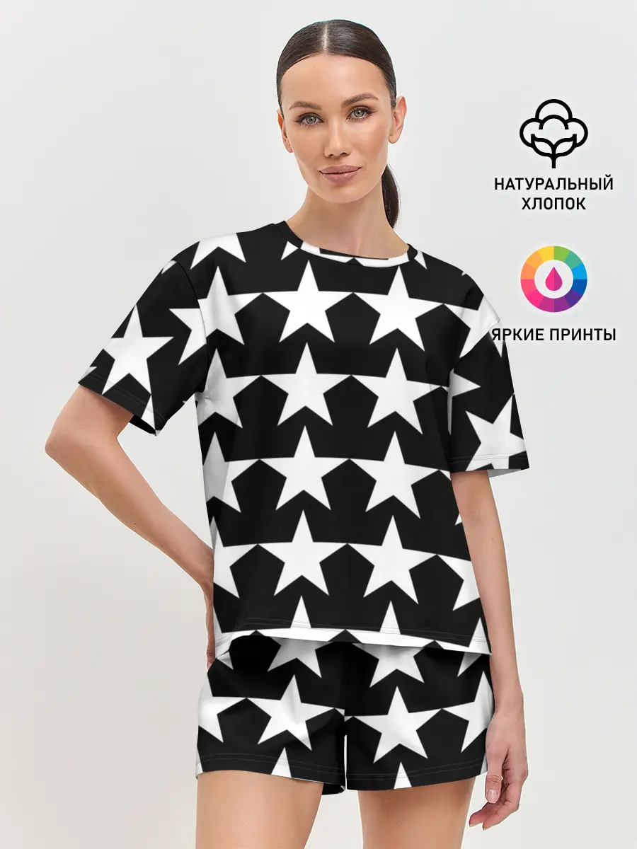 Женская пижама с шортами / Белые звёзды на чёрном фоне