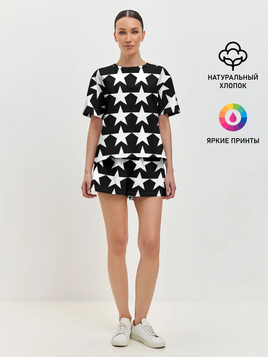 Женская пижама с шортами / Белые звёзды на чёрном фоне
