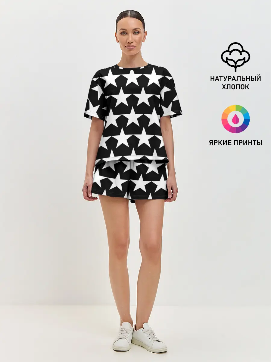 Женская пижама с шортами / Белые звёзды на чёрном фоне 2