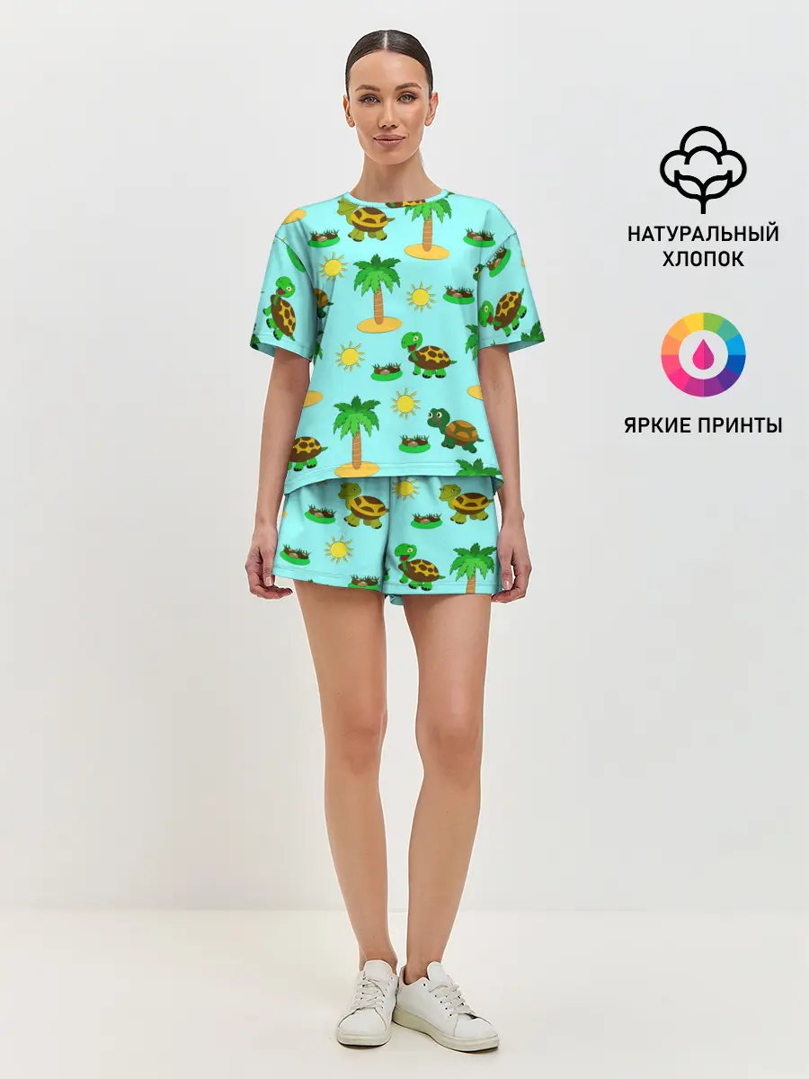 Женская пижама с шортами / черепашки и пальмы