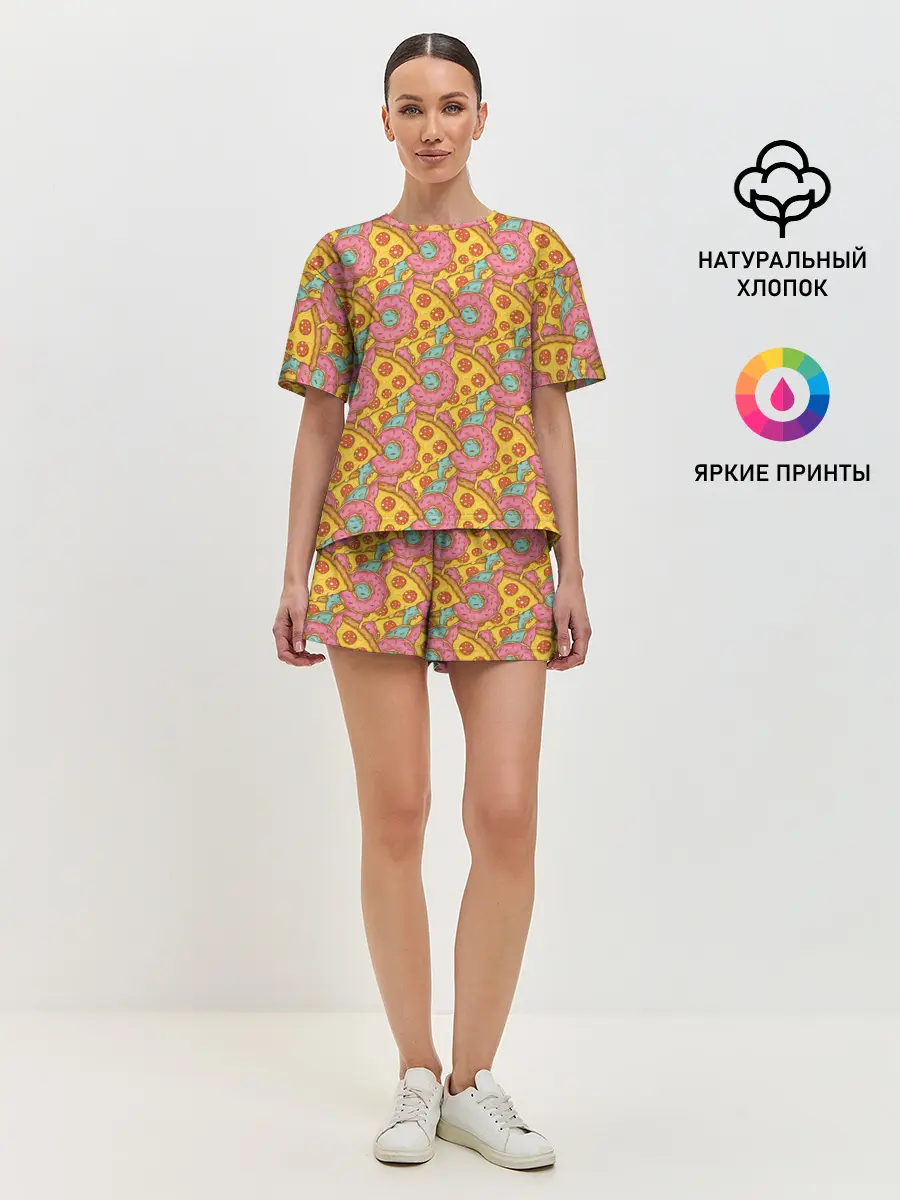 Женская пижама с шортами / Пицца и пончики