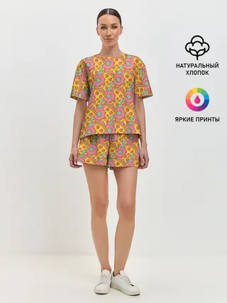 Женская пижама с шортами / Пицца и пончики