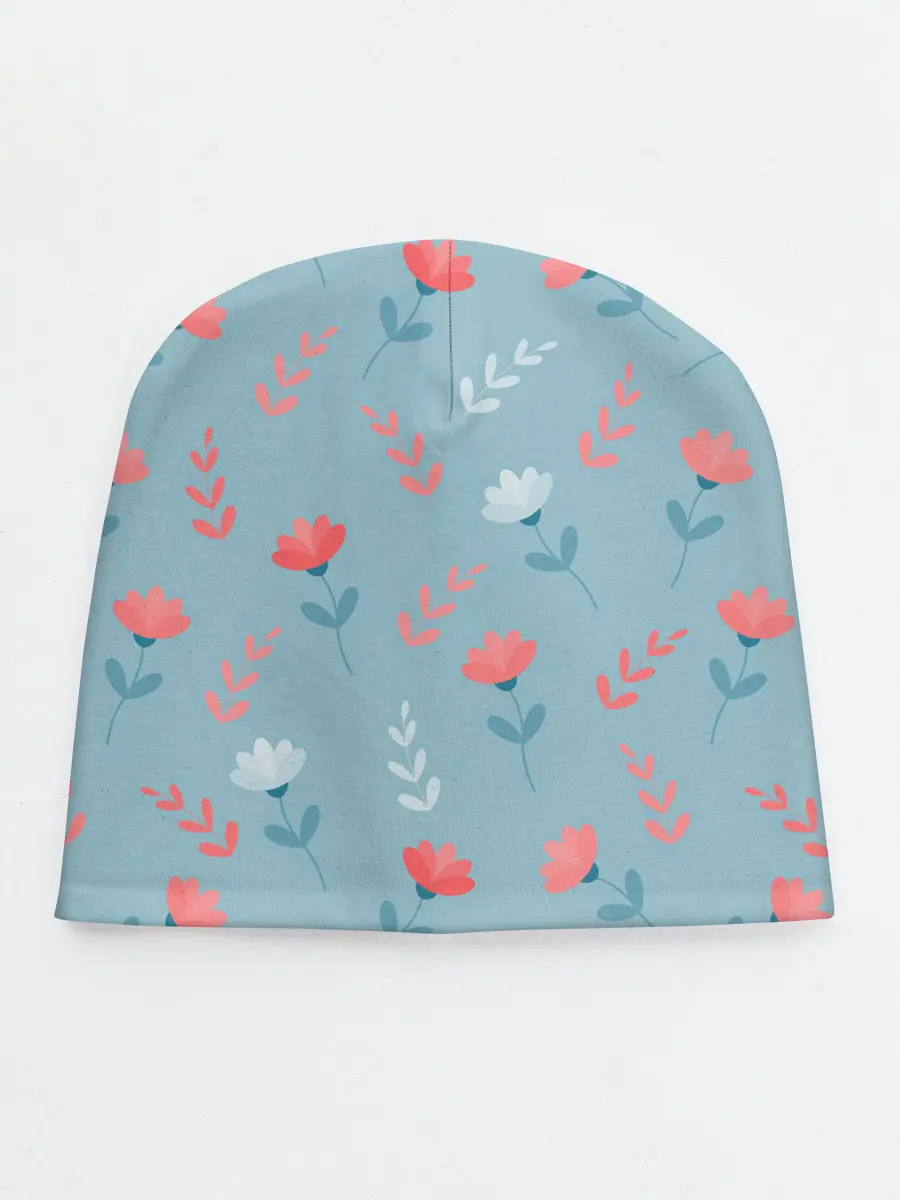 Детская шапка / Цветочки и листики на голубом