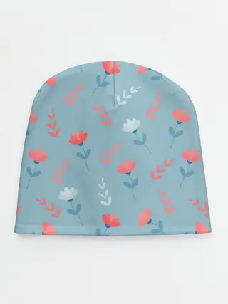 Детская шапка / Цветочки и листики на голубом