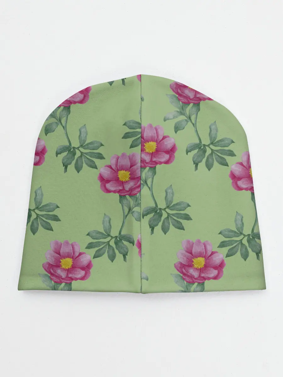 Детская шапка / Пионы на светло зеленом фоне