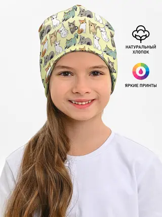 Детская шапка / мультяшные котики на желтом мя
