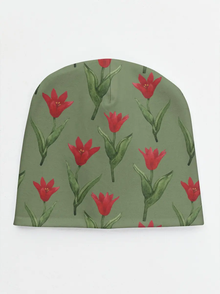 Детская шапка / Красные тюльпаны на зеленом