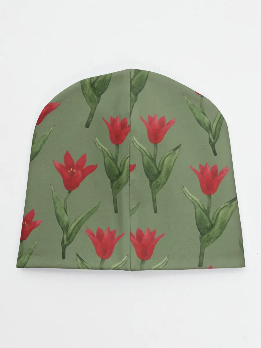Детская шапка / Красные тюльпаны на зеленом