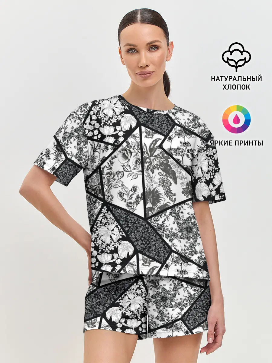 Женская пижама с шортами / Цветочный Кинцуги / Kintsugi