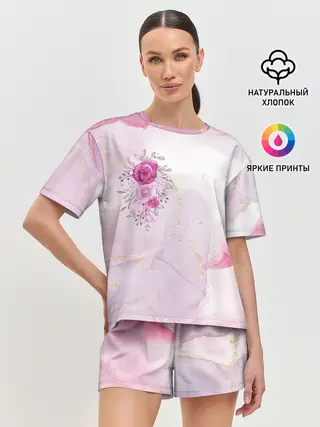 Женская пижама с шортами / Цветы роспись акварелью