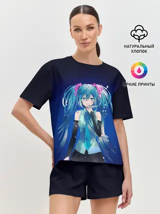 Женская пижама с шортами / Hatsune Miku на черном фоне