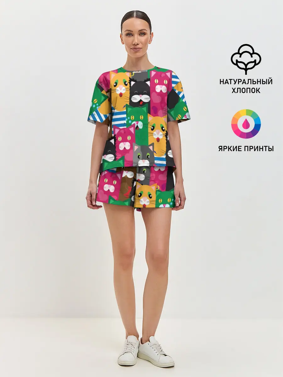 Женская пижама с шортами / Голодные котики.