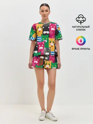 Женская пижама с шортами / Голодные котики.