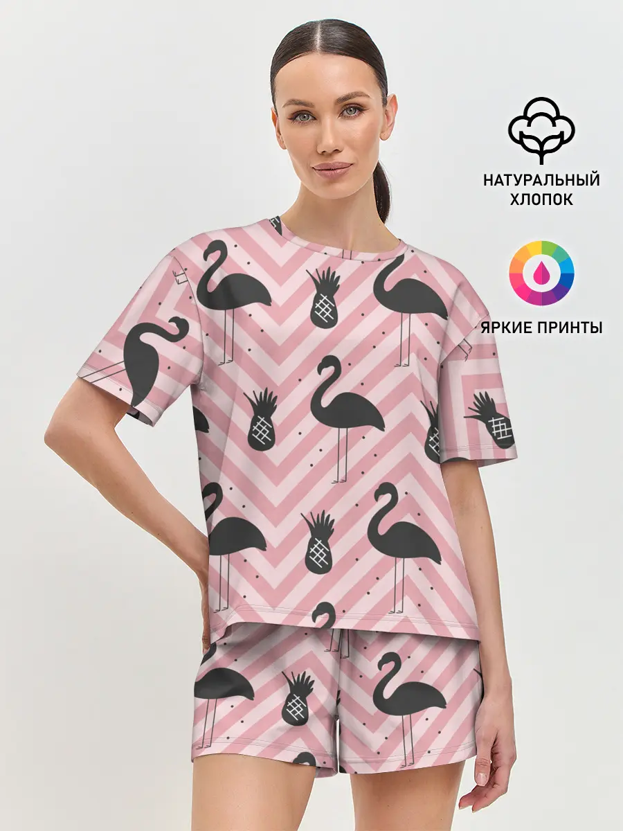 Женская пижама с шортами / Черный фламинго