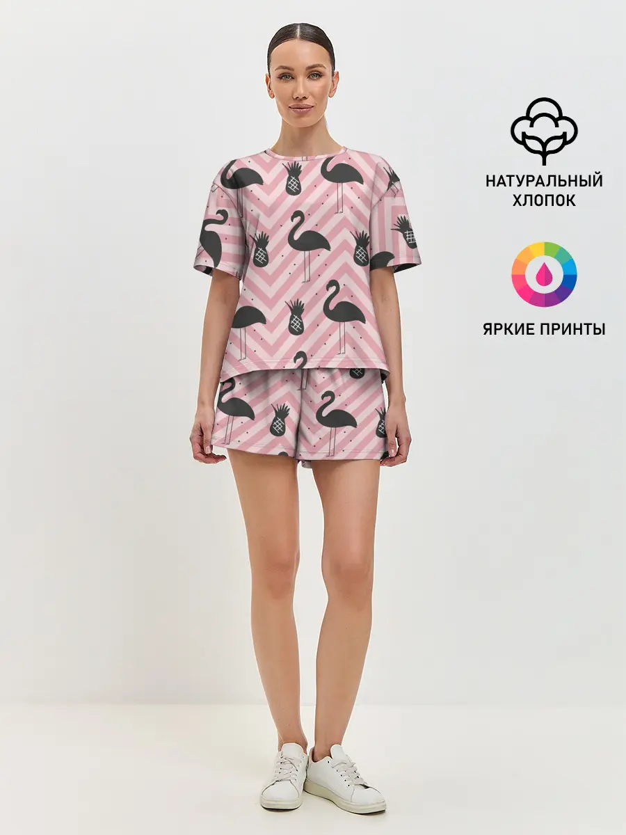 Женская пижама с шортами / Черный фламинго