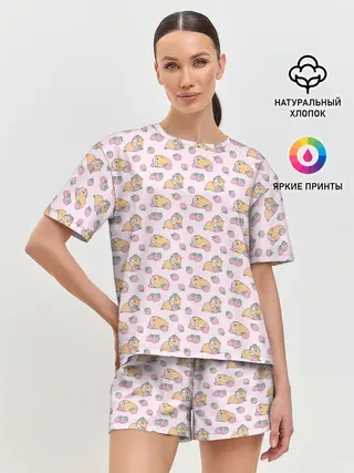 Женская пижама с шортами / Морские свинки с клубникой