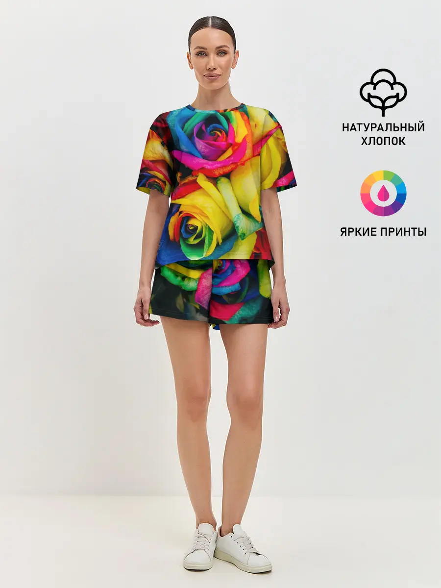Женская пижама с шортами / Разноцветные розы