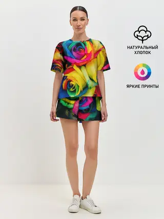 Женская пижама с шортами / Разноцветные розы