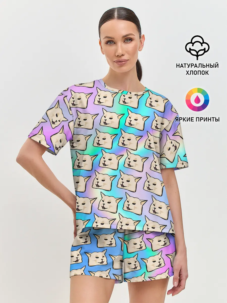 Женская пижама с шортами / woman yelling at cat