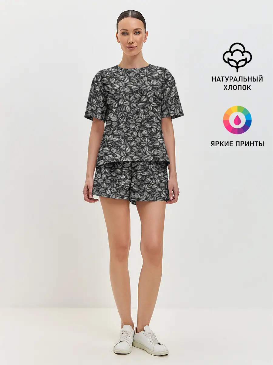 Женская пижама с шортами / ЛИСТВА ЧЕРНО-БЕЛОЕ