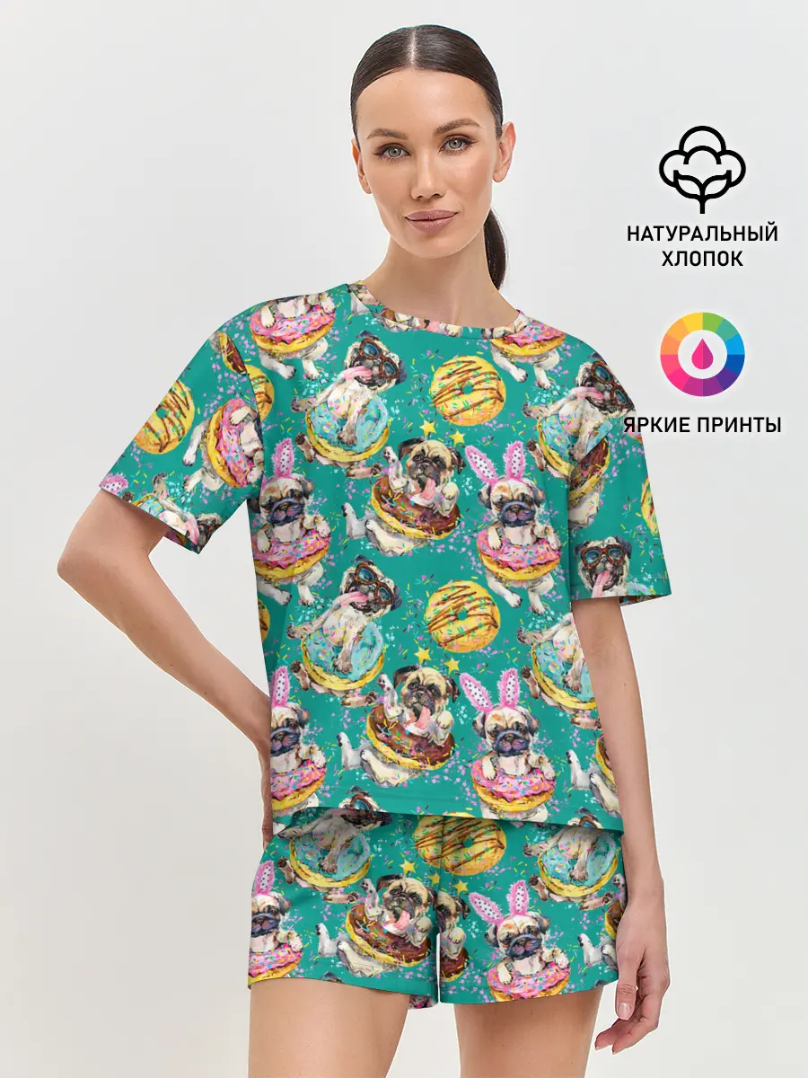 Женская пижама с шортами / Мопсы в пончиках