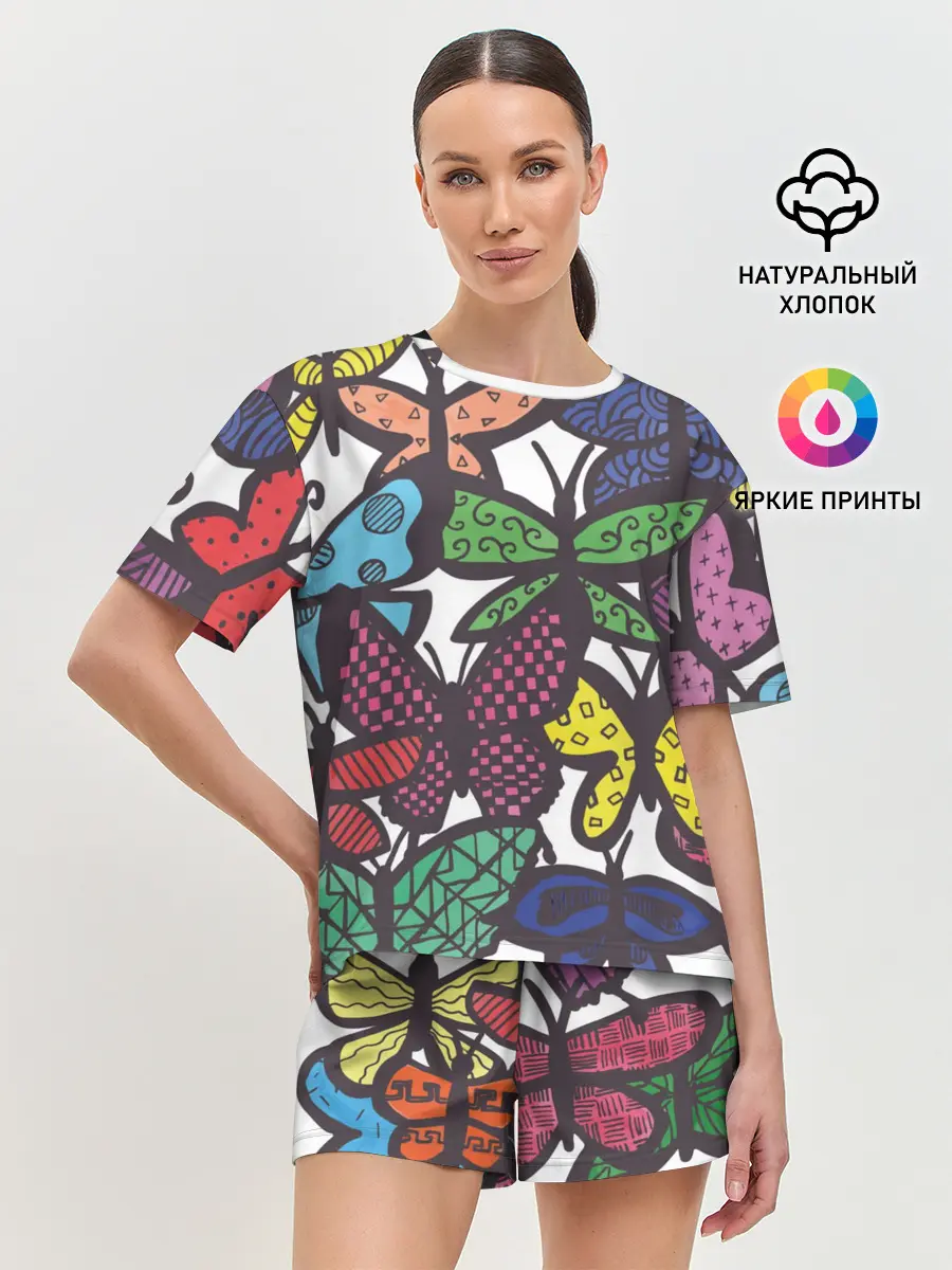 Женская пижама с шортами / Дудл бабочки