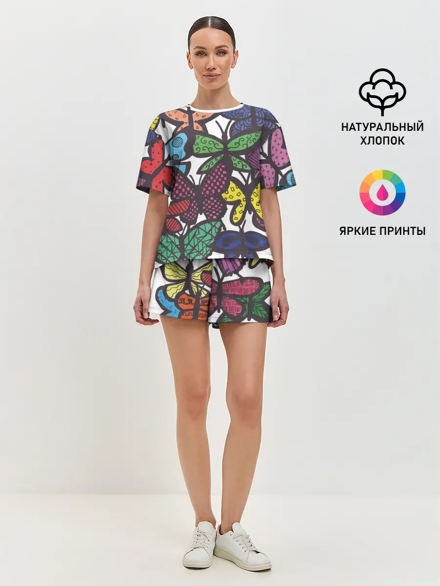 Женская пижама с шортами / Дудл бабочки