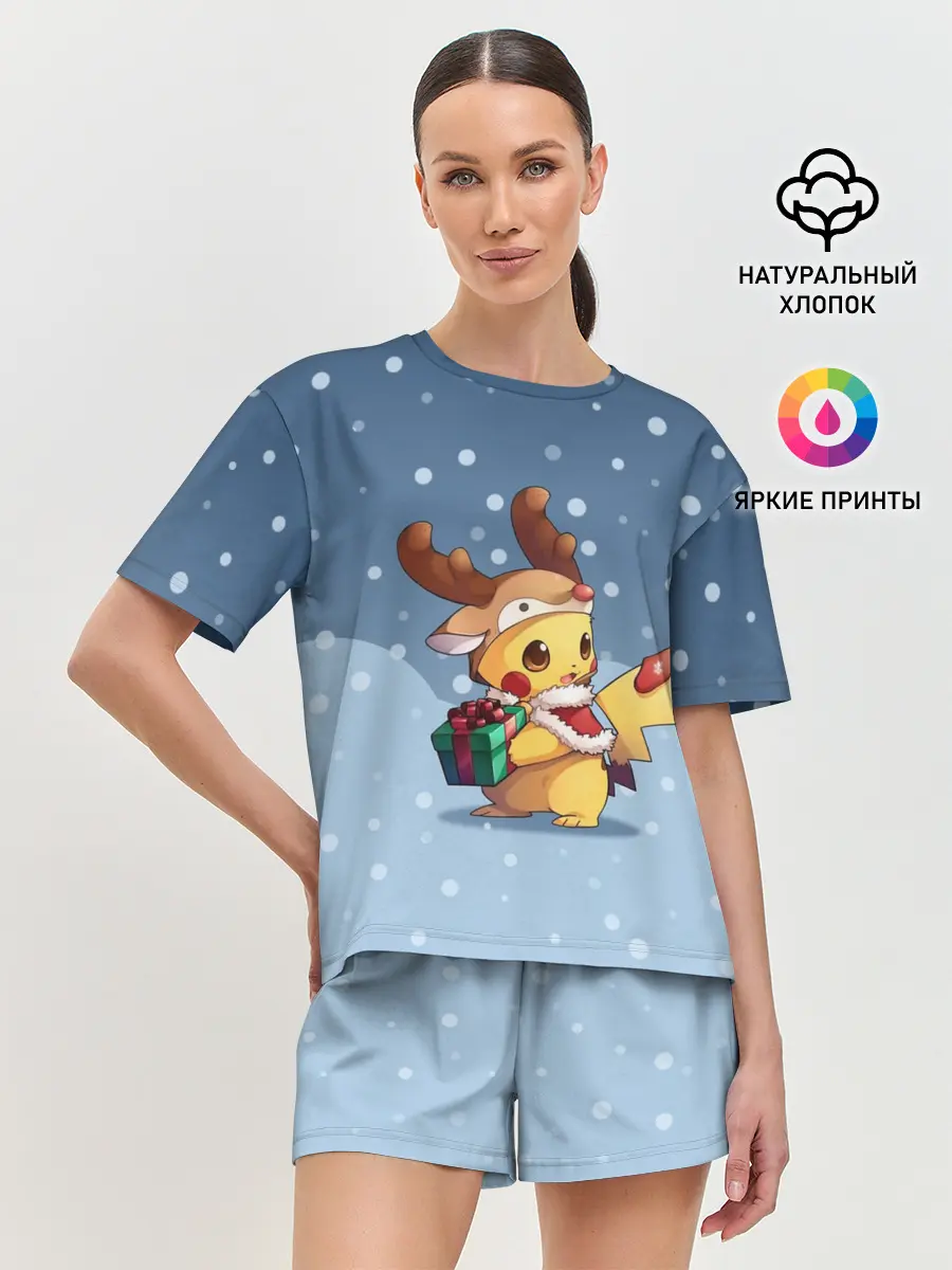 Женская пижама с шортами / Новогодний Пикачу