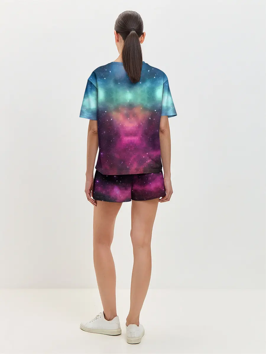 Женская пижама с шортами / Кот с радугой и пиццей