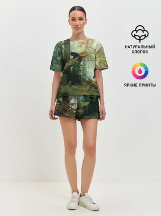 Женская пижама с шортами / Утро в сосновом лесу