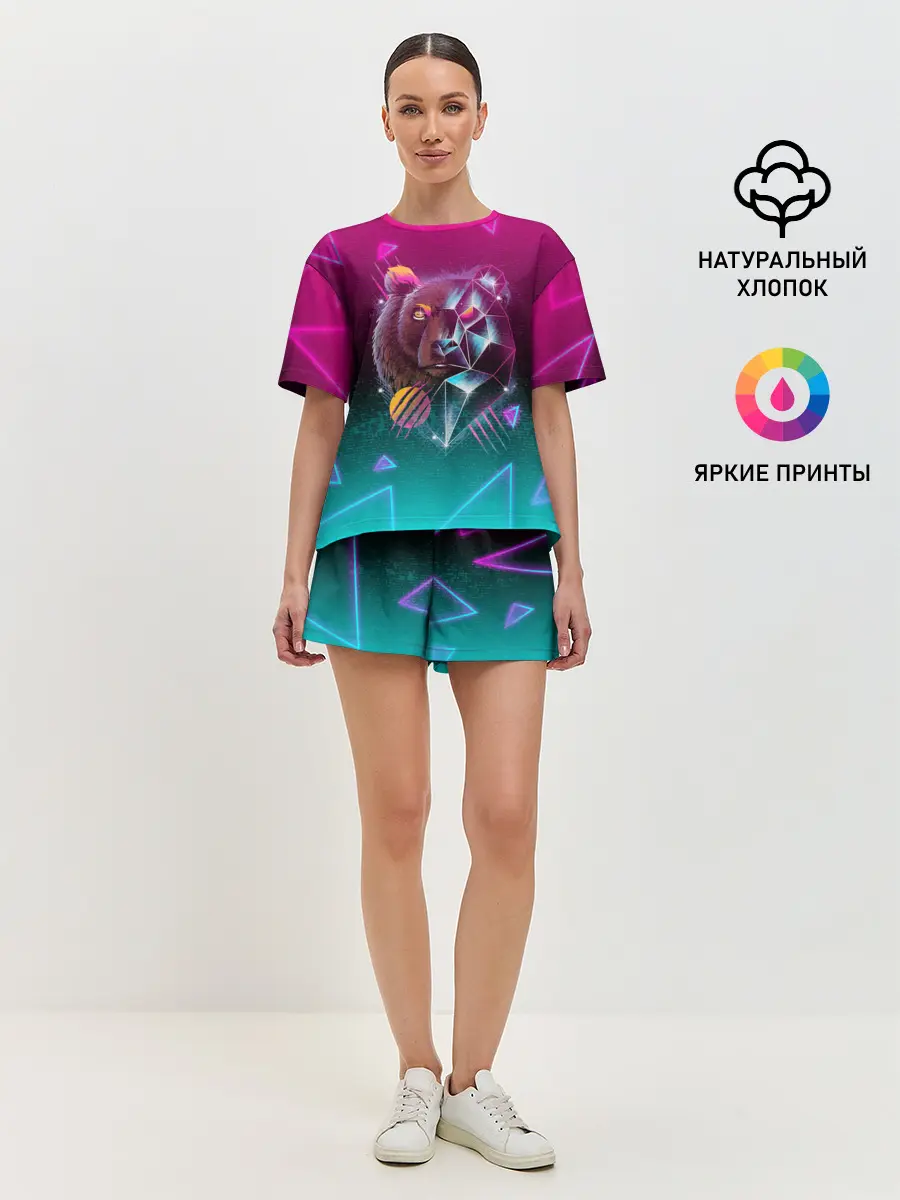 Женская пижама с шортами / RETRO CYBER BEAR NEON