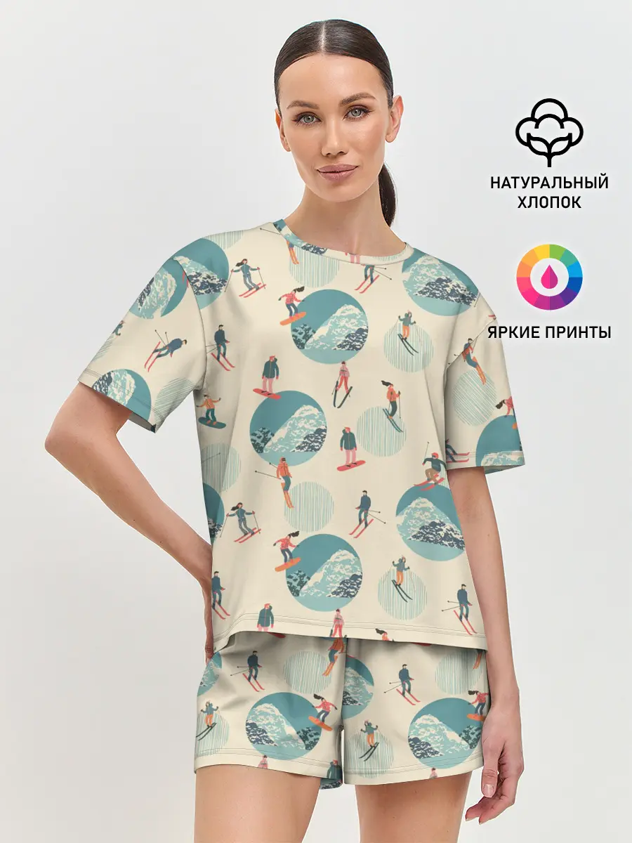 Женская пижама с шортами / лыжники