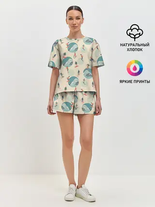 Женская пижама с шортами / лыжники