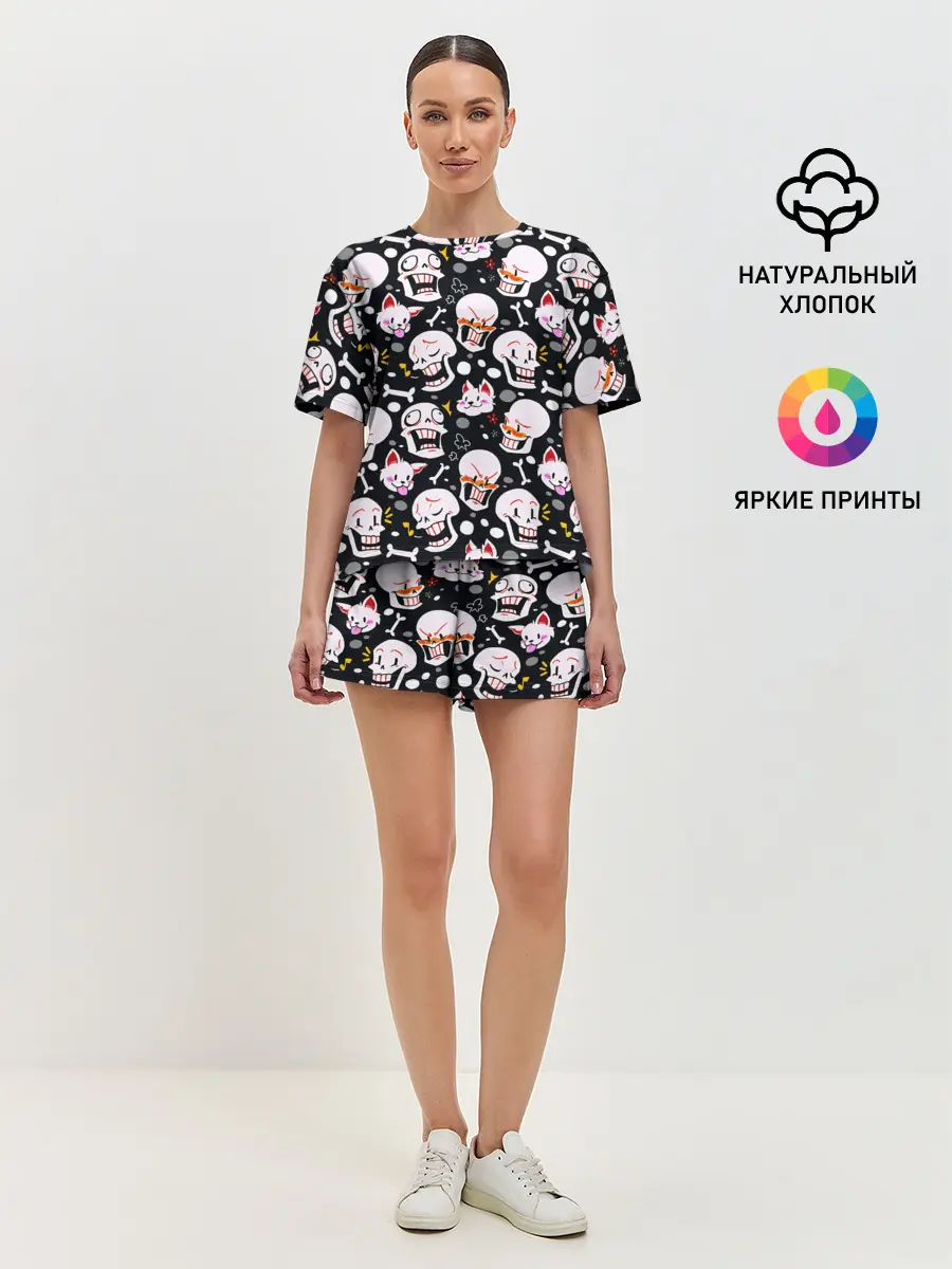 Женская пижама с шортами / Черепа и Котики