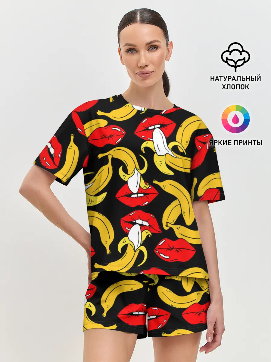 Женская пижама с шортами / Губы и бананы
