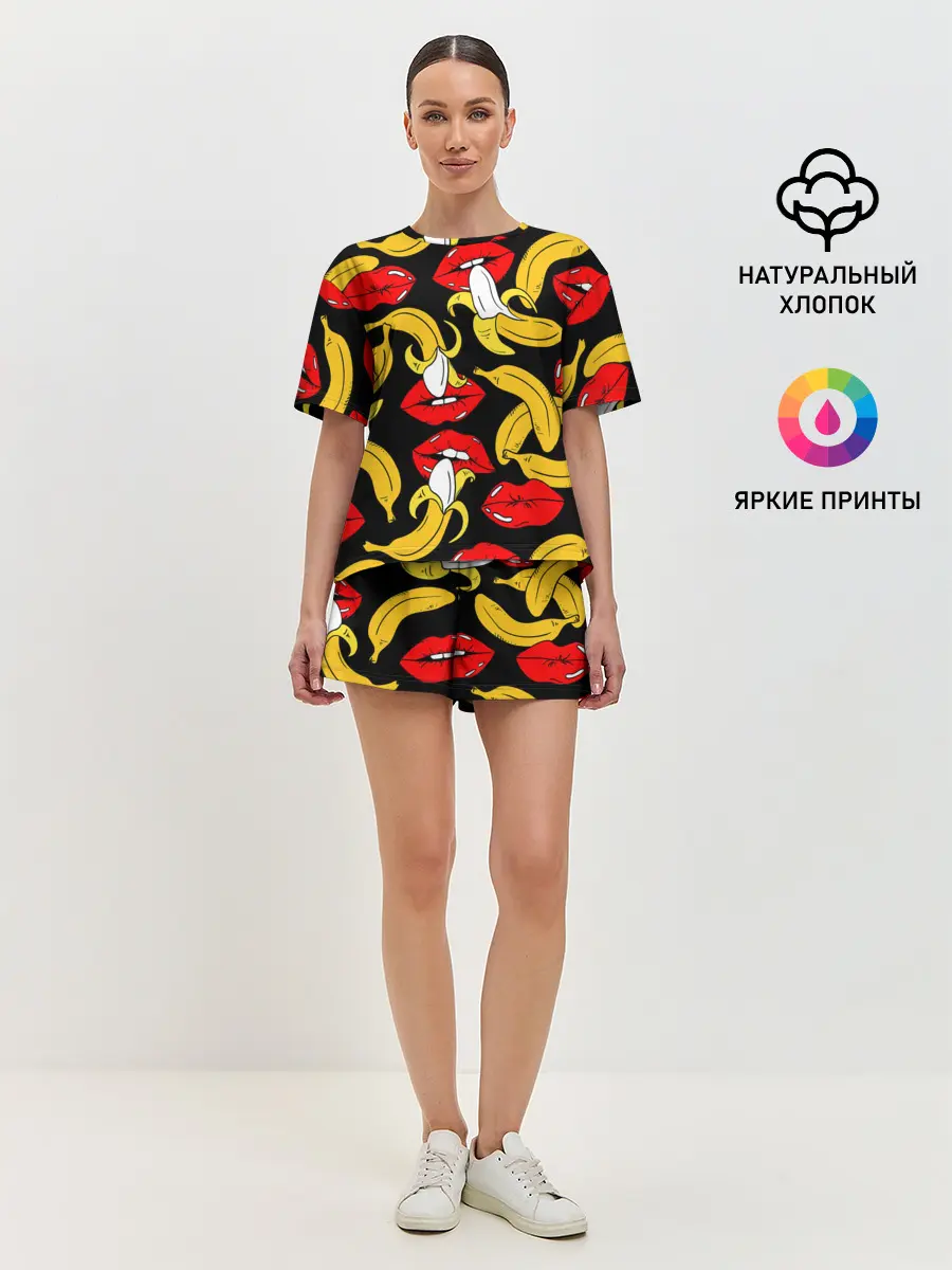 Женская пижама с шортами / Губы и бананы