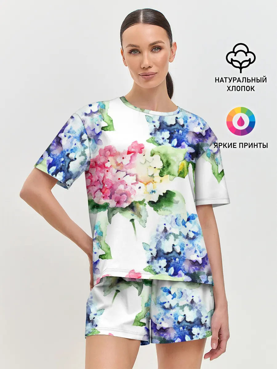 Женская пижама с шортами / Акварель, гортензии