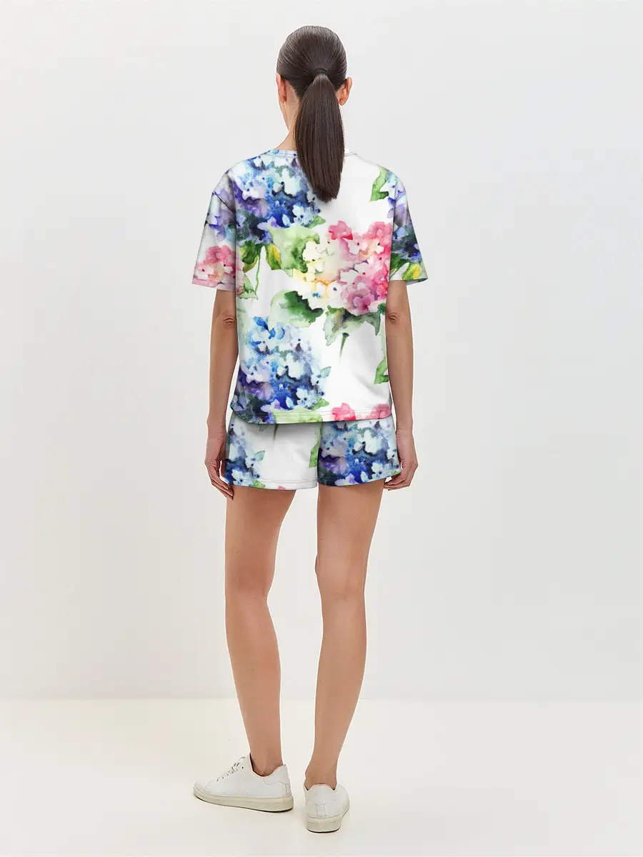 Женская пижама с шортами / Акварель, гортензии