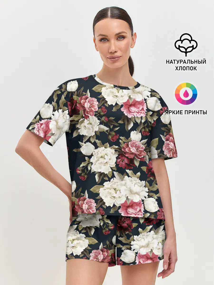 Женская пижама с шортами / Акварель, розы