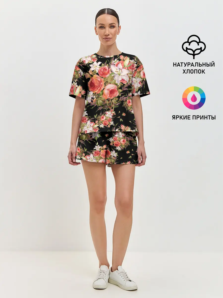 Женская пижама с шортами / Лилии и розы