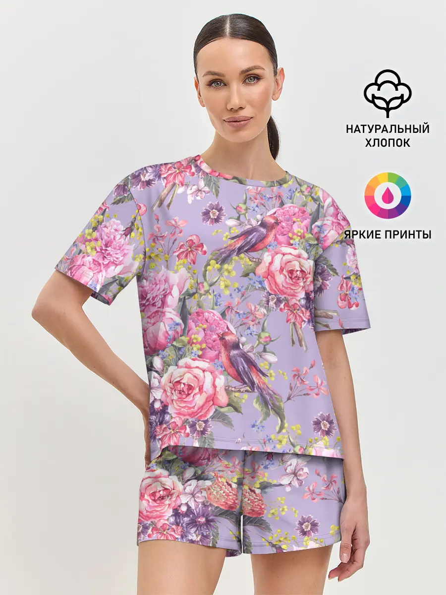Женская пижама с шортами / Лилии и розы
