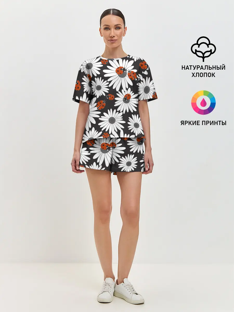 Женская пижама с шортами / Божьи коровки на ромашках